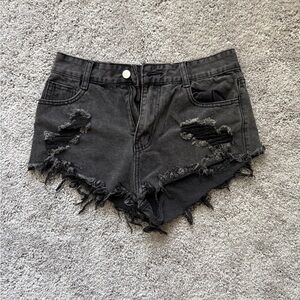 Distressed Black Denim Shorts